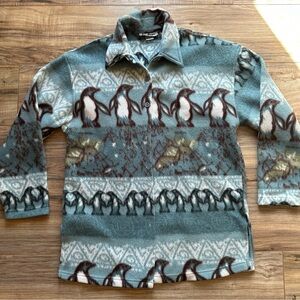 Vintage All-over Penguin Print Fleece Button Up Shacket Shirt Jacket Nature Sz 8